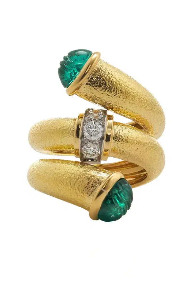 Emerald Hammered Carved Pipe Ring