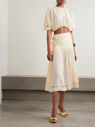 Rabanne Cropped Bow-detailed Lace-trimmed Pleated Crepe Top | Thumbnail 2
