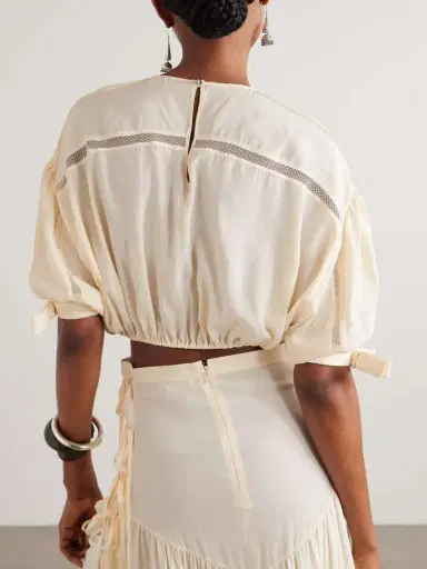 Rabanne Cropped Bow-detailed Lace-trimmed Pleated Crepe Top | Thumbnail 3