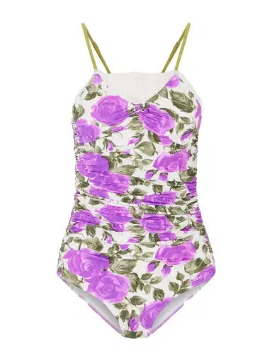 Chloé Bow-detailed Ruched Lace-trimmed Floral-print Swimsuit | Thumbnail 1 Chloé Bow-detailed Ruched Lace-trimmed Floral-print Swimsuit | Thumbnail 1
