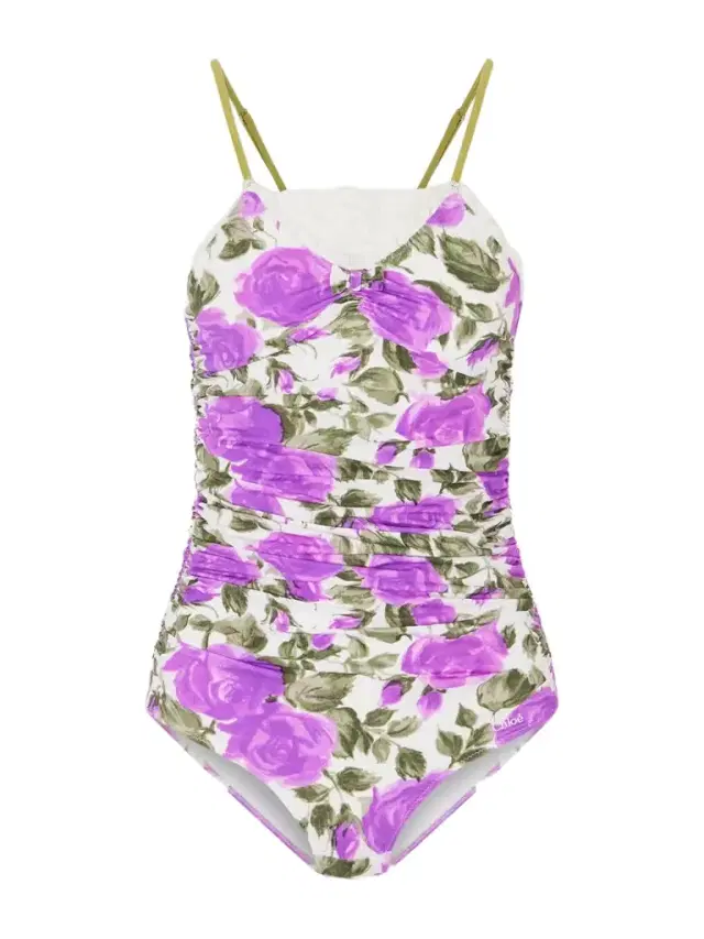 Bow-detailed Ruched Lace-trimmed Floral-print Swimsuit Bow-detailed Ruched Lace-trimmed Floral-print Swimsuit