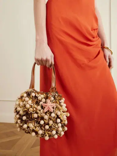 Aquazzura Pom Pom Leather-trimmed Beaded Woven Raffia Mini Bag | Thumbnail 3