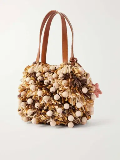Aquazzura Pom Pom Leather-trimmed Beaded Woven Raffia Mini Bag | Thumbnail 4
