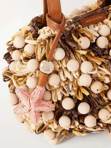 Aquazzura Pom Pom Leather-trimmed Beaded Woven Raffia Mini Bag | Thumbnail 5