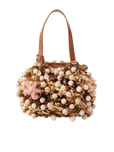 Aquazzura Pom Pom Leather-trimmed Beaded Woven Raffia Mini Bag | Thumbnail 1