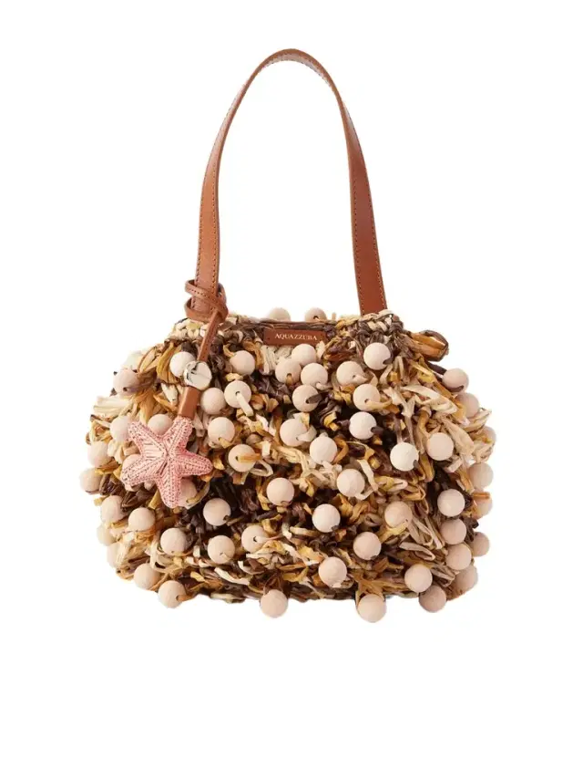 Aquazzura Pom Pom Leather-trimmed Beaded Woven Raffia Mini Bag