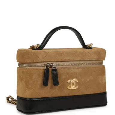Chanel Chanel Coco Base Top Handle Long Vanity Case with Chain Brown Suede and Black Shiny Lambskin Antique Gold Hardware | Thumbnail 2