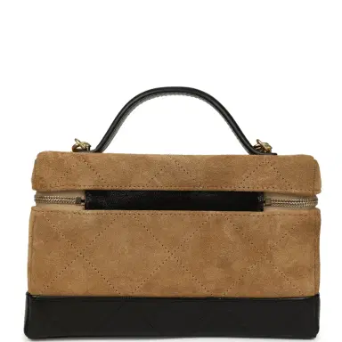 Chanel Chanel Coco Base Top Handle Long Vanity Case with Chain Brown Suede and Black Shiny Lambskin Antique Gold Hardware | Thumbnail 4