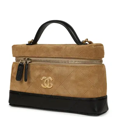 Chanel Chanel Coco Base Top Handle Long Vanity Case with Chain Brown Suede and Black Shiny Lambskin Antique Gold Hardware | Thumbnail 5