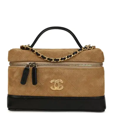 Chanel Chanel Coco Base Top Handle Long Vanity Case with Chain Brown Suede and Black Shiny Lambskin Antique Gold Hardware | Thumbnail 1
