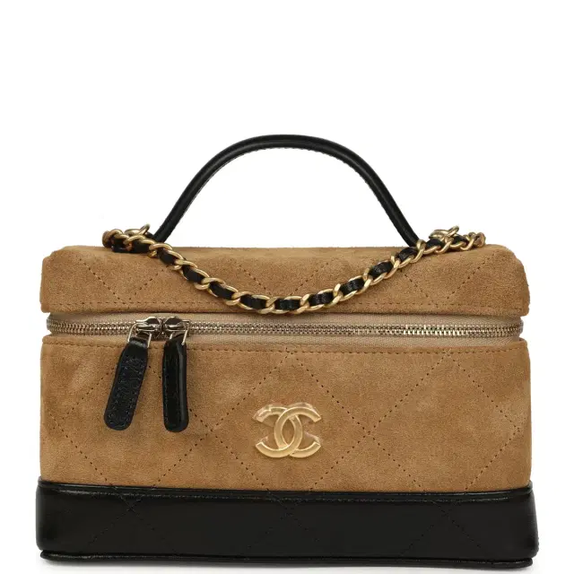 Chanel Chanel Coco Base Top Handle Long Vanity Case with Chain Brown Suede and Black Shiny Lambskin Antique Gold Hardware