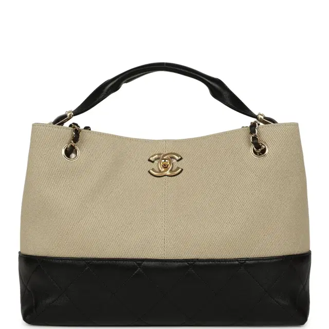 Chanel Chanel Small Coco Base Hobo Bag Beige Canvas and Black Shiny Lambskin Gold Hardware
