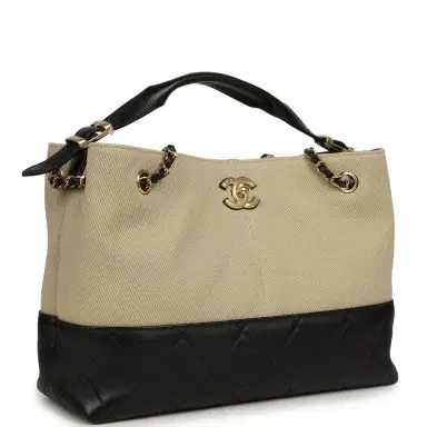 Chanel Chanel Small Coco Base Hobo Bag Beige Canvas and Black Shiny Lambskin Gold Hardware | Thumbnail 2