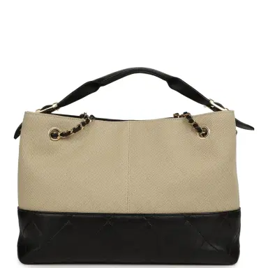 Chanel Chanel Small Coco Base Hobo Bag Beige Canvas and Black Shiny Lambskin Gold Hardware | Thumbnail 4