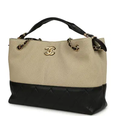 Chanel Chanel Small Coco Base Hobo Bag Beige Canvas and Black Shiny Lambskin Gold Hardware | Thumbnail 5