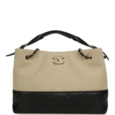 Chanel Chanel Small Coco Base Hobo Bag Beige Canvas and Black Shiny Lambskin Gold Hardware | Thumbnail 1