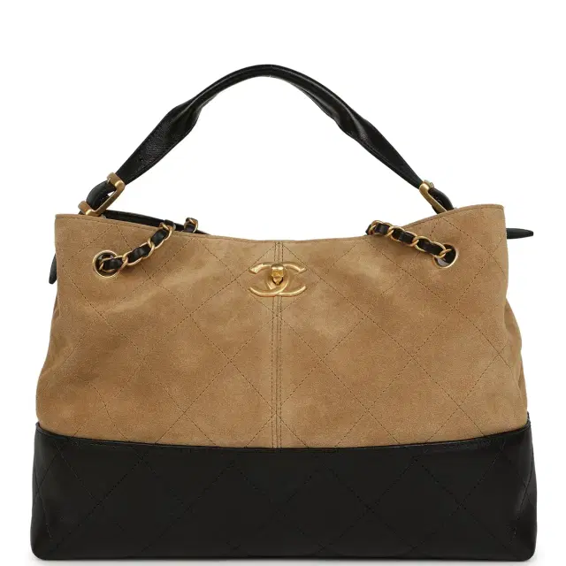 Chanel Chanel Small Coco Base Hobo Bag Brown Suede and Black Shiny Lambskin Brushed Gold Hardware