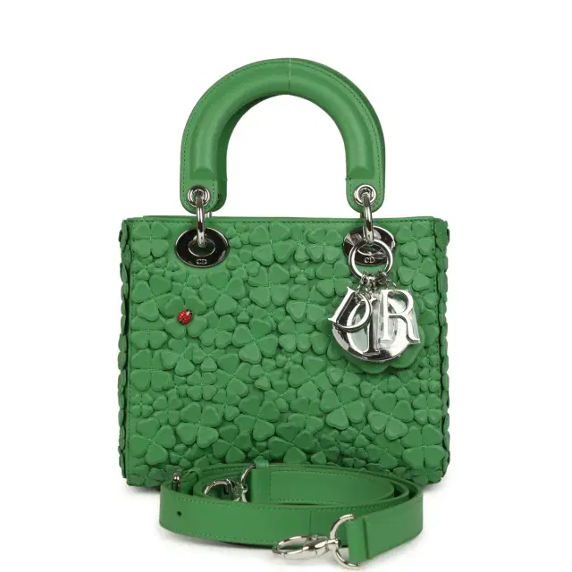 Christian Dior Small Lady Dior Bag "Clover" Shamrock Lucky Green Lambskin Silver Hardware