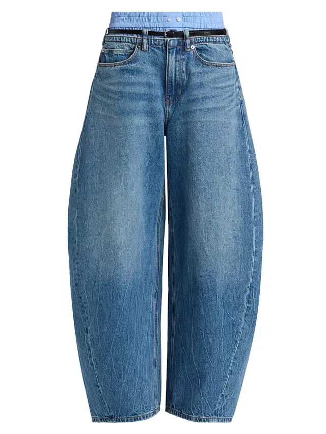 Women's Pre-Styled Mid-Rise Oversized Barrel-Leg Jeans - Vintage Marbled Blue