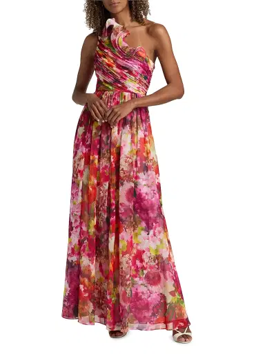 BADGLEY MISCHKA Women's Floral Georgette Frill A-Line Gown - Pink Multi - Size 16 | Thumbnail 3