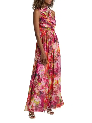 BADGLEY MISCHKA Women's Floral Georgette Frill A-Line Gown - Pink Multi - Size 16 | Thumbnail 4