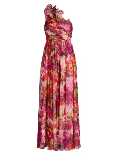 BADGLEY MISCHKA Women's Floral Georgette Frill A-Line Gown - Pink Multi - Size 16 | Thumbnail 1