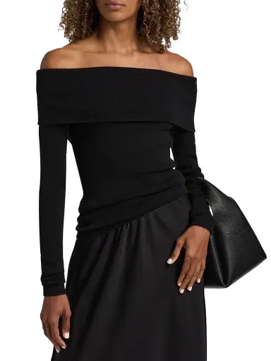Lisa Yang Women's Claudina Cotton-Cashmere Off-the-Shoulder Top - Black - Size Medium | Thumbnail 3