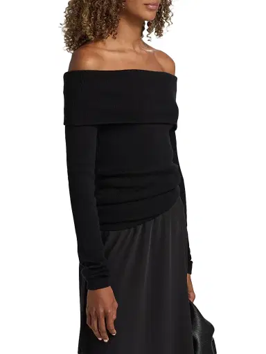 Lisa Yang Women's Claudina Cotton-Cashmere Off-the-Shoulder Top - Black - Size Medium | Thumbnail 4