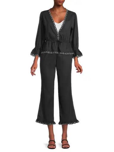 Ciao Lucia Women's Kaja Cotton Voile Embroidered-Hem Crop Pants - Black - Size 8 | Thumbnail 2