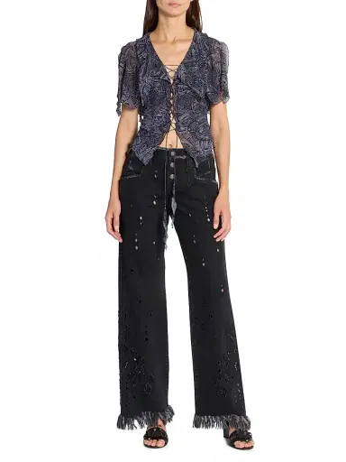Isabel Marant Women's Thanais Abstract-Print Ruffled Silk Top - Faded Night - Size 10 | Thumbnail 2