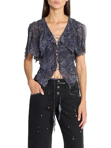 Isabel Marant Women's Thanais Abstract-Print Ruffled Silk Top - Faded Night - Size 10 | Thumbnail 3