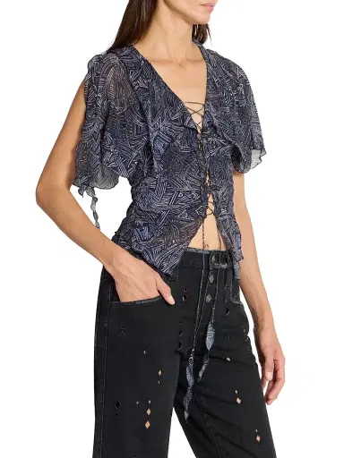 Isabel Marant Women's Thanais Abstract-Print Ruffled Silk Top - Faded Night - Size 10 | Thumbnail 4