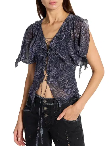Isabel Marant Women's Thanais Abstract-Print Ruffled Silk Top - Faded Night - Size 10 | Thumbnail 6