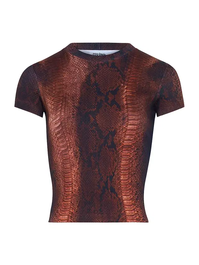Women's Python-Print Rib-Knit Stretch-Cotton T-Shirt - Brown Black Women's Python-Print Rib-Knit Stretch-Cotton T-Shirt - Brown Black