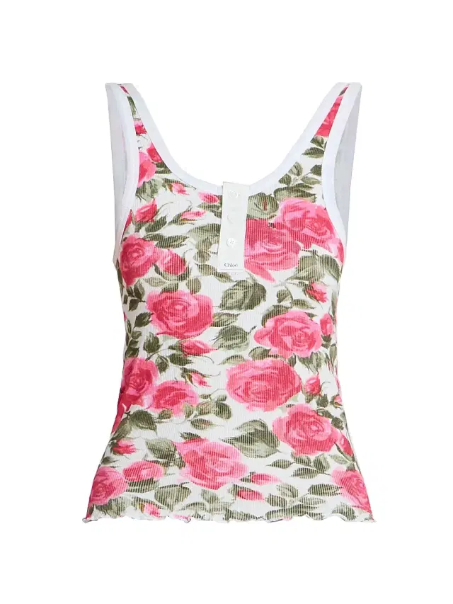 Chloé Women's Floral Rib-Knit Cotton Tank - White Pink