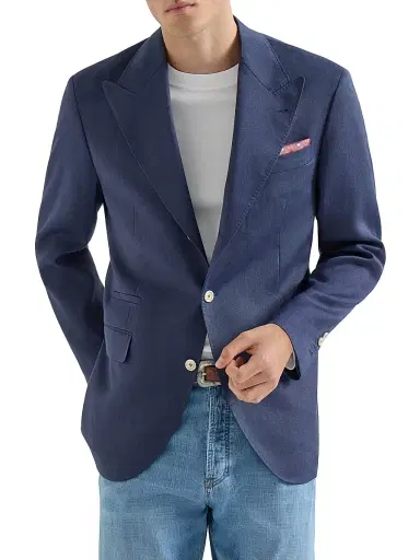 Brunello Cucinelli Men's Linen, Virgin Wool and Mohair Gabardine Tailor Blazer - Denim - Size 46 | Thumbnail 1