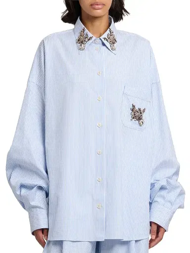 Dolce & Gabbana Women's Oversized Embellished Pinstripe Button-Front Shirt - Rigato - Size 12 | Thumbnail 3