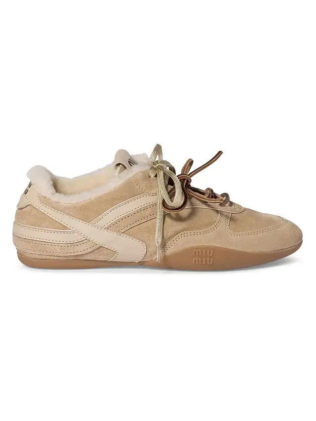 Women's Gymnasium Suede and Shearling Sneakers - Beige Khaki
