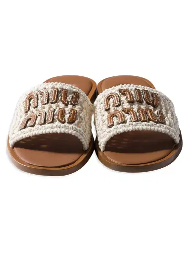 Miu Miu Women's Crochet and Leather Flat Slides - Beige Khaki - Size 10 | Thumbnail 2 Miu Miu Women's Crochet and Leather Flat Slides - Beige Khaki - Size 10 | Thumbnail 2