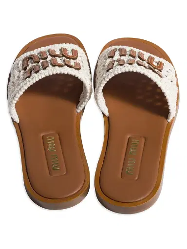 Miu Miu Women's Crochet and Leather Flat Slides - Beige Khaki - Size 10 | Thumbnail 3 Miu Miu Women's Crochet and Leather Flat Slides - Beige Khaki - Size 10 | Thumbnail 3