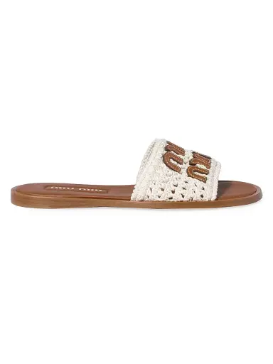 Miu Miu Women's Crochet and Leather Flat Slides - Beige Khaki - Size 10 | Thumbnail 1 Miu Miu Women's Crochet and Leather Flat Slides - Beige Khaki - Size 10 | Thumbnail 1