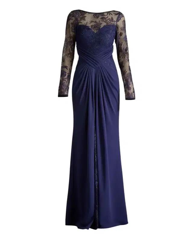 Pleated Crepe & Embroidered Lace Gown