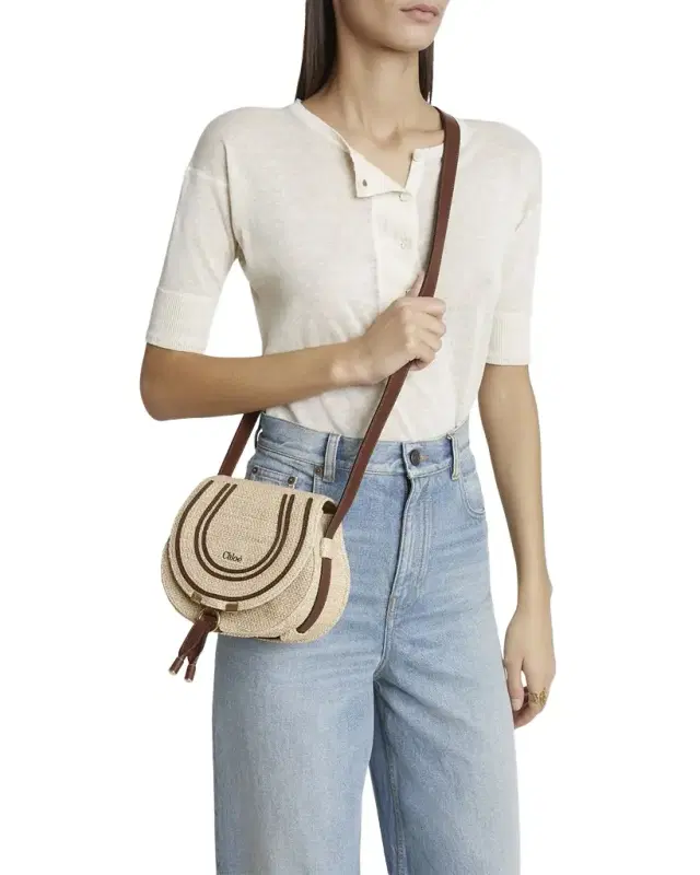 Chloe Marcie Flap Saddle Crossbody Bag in Raffia Fabric and Leather