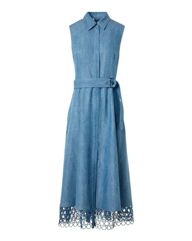 Sleeveless Dot Embroidered Denim Midi Shirtdress