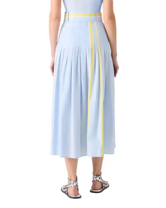 Belted Pleated Cotton Stripe Midi Skirt