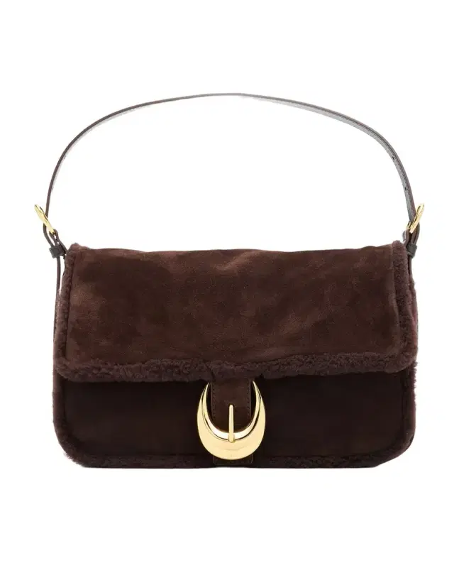 Harlow Medium Shearling-Trim Suede Shoulder Bag