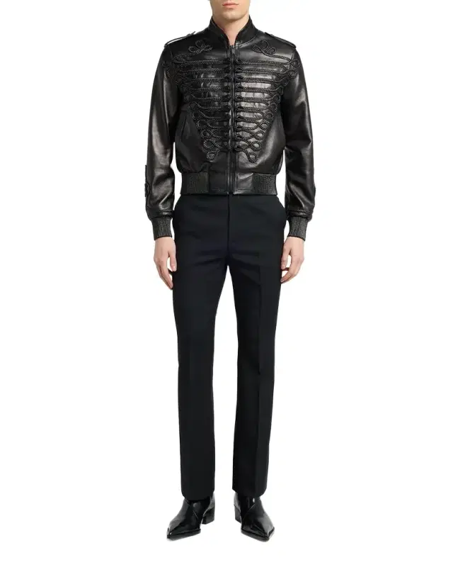 Men's Blather Frogging Embroidered Leather Jacket