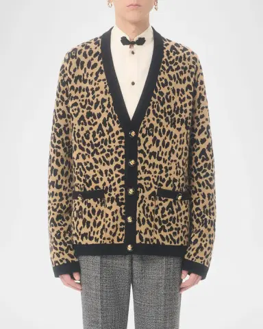 Valentino Garavani Men's Wool Cheetah Jacquard Knit Cardigan | Thumbnail 4 Valentino Garavani Men's Wool Cheetah Jacquard Knit Cardigan | Thumbnail 4