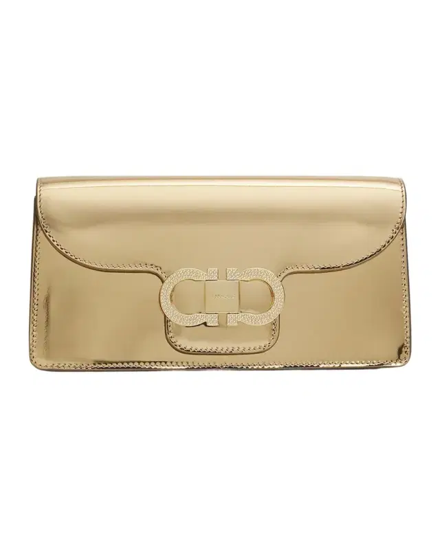 Ferragamo Laminated Leather Rhinestone Gancini Clutch Bag