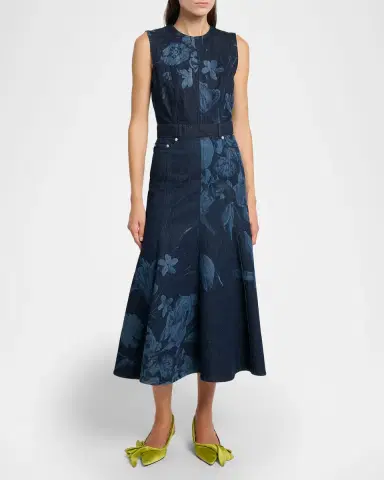 Erdem Floral-Print Denim Sleeveless Flute Midi Dress | Thumbnail 2 Erdem Floral-Print Denim Sleeveless Flute Midi Dress | Thumbnail 2